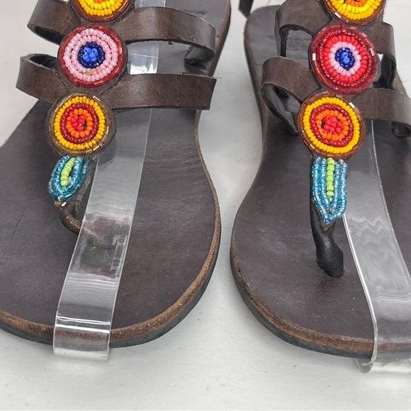 Global Girls Boho Leather Hand-Made Colorful Beaded Sz 37 Thong Sandals - Picture 14 of 14